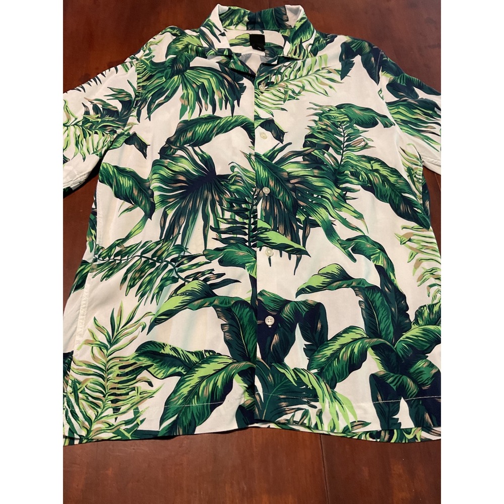 HM Mens Tropical Palm Leaf Print Viscose Short Sleeve Button Down Shirt Green M
